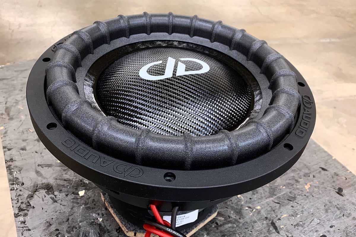 USA Made subwoofer with black carbon fiber dust caps and white DDA logo