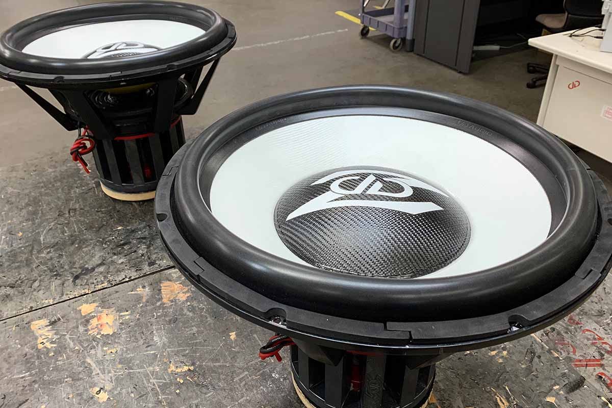 USA Made Subwoofers with ghost cones, polychromatic purple dust caps and white DD Z logos