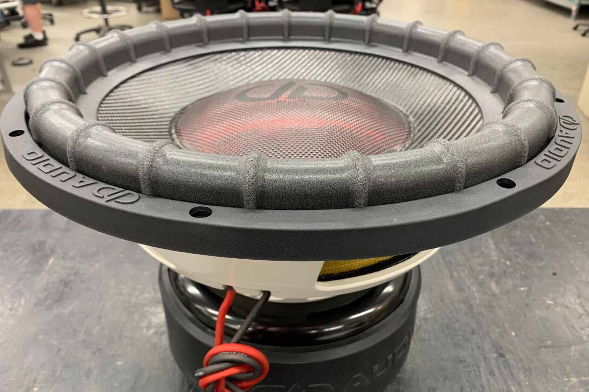 USA Made Subwoofers with carbon fiber dust cap and cone and black DDA logo and white powder coat baskets