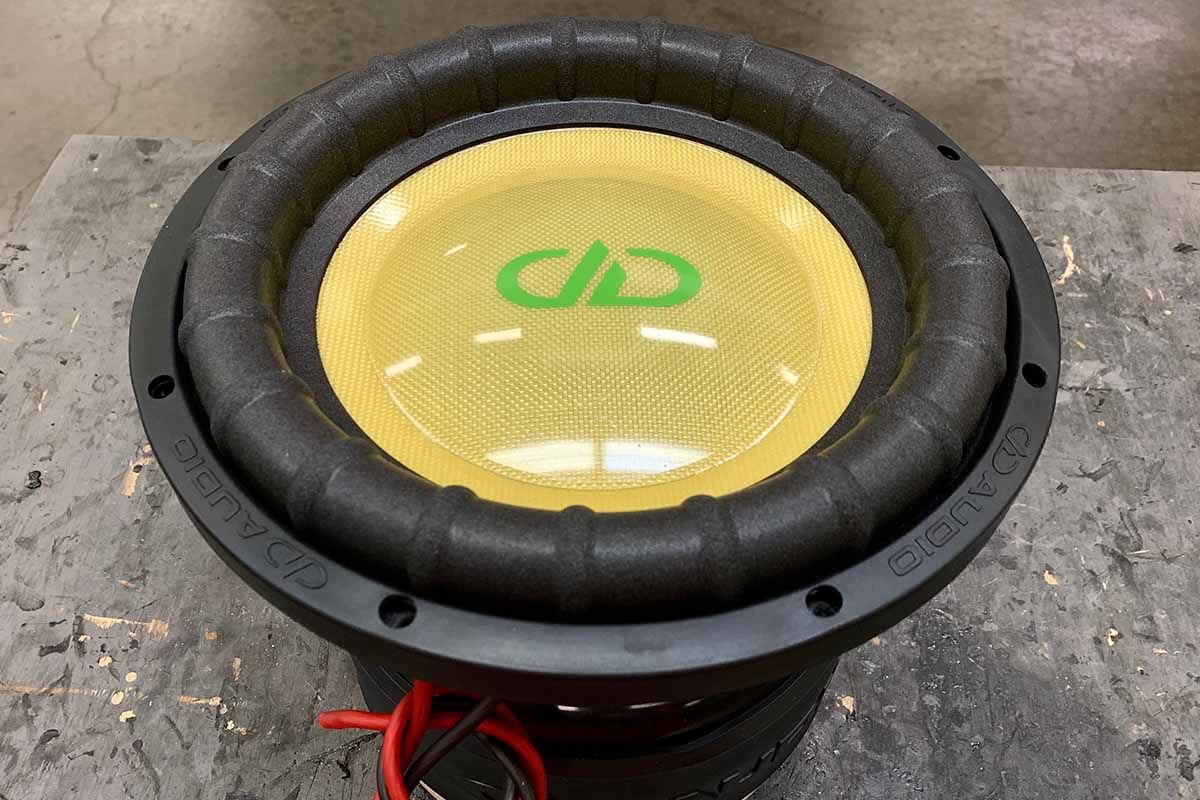 USA Made subwoofers with yellow cone, yellow high gloss dust cap and lime green DDA logo