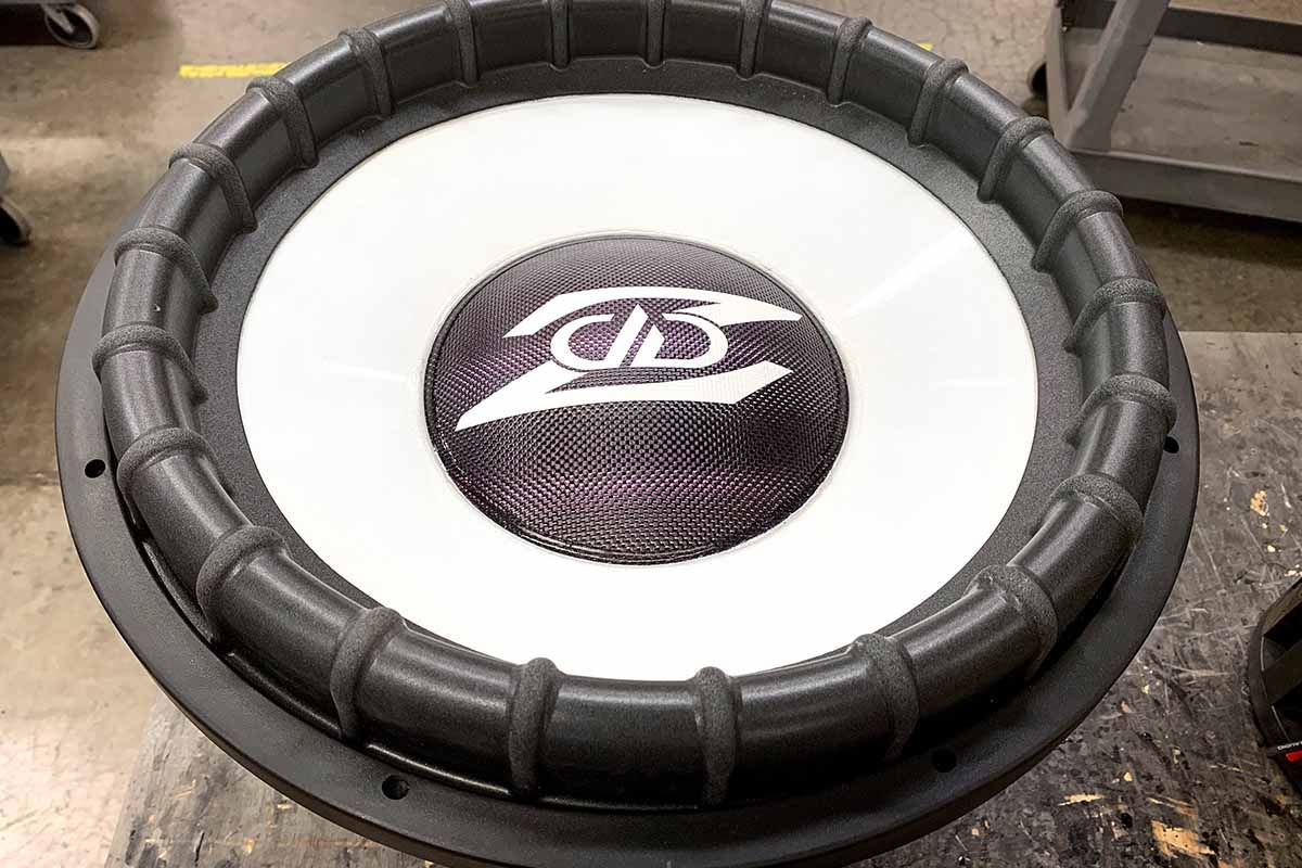 USA Made Subwoofer with ghost cone, polychromatic purple dust cap and white DD Z logo