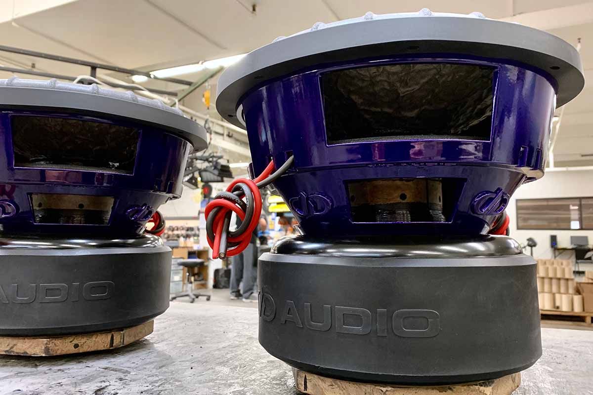 Two USA Made subwoofers with purple powder coat baskets