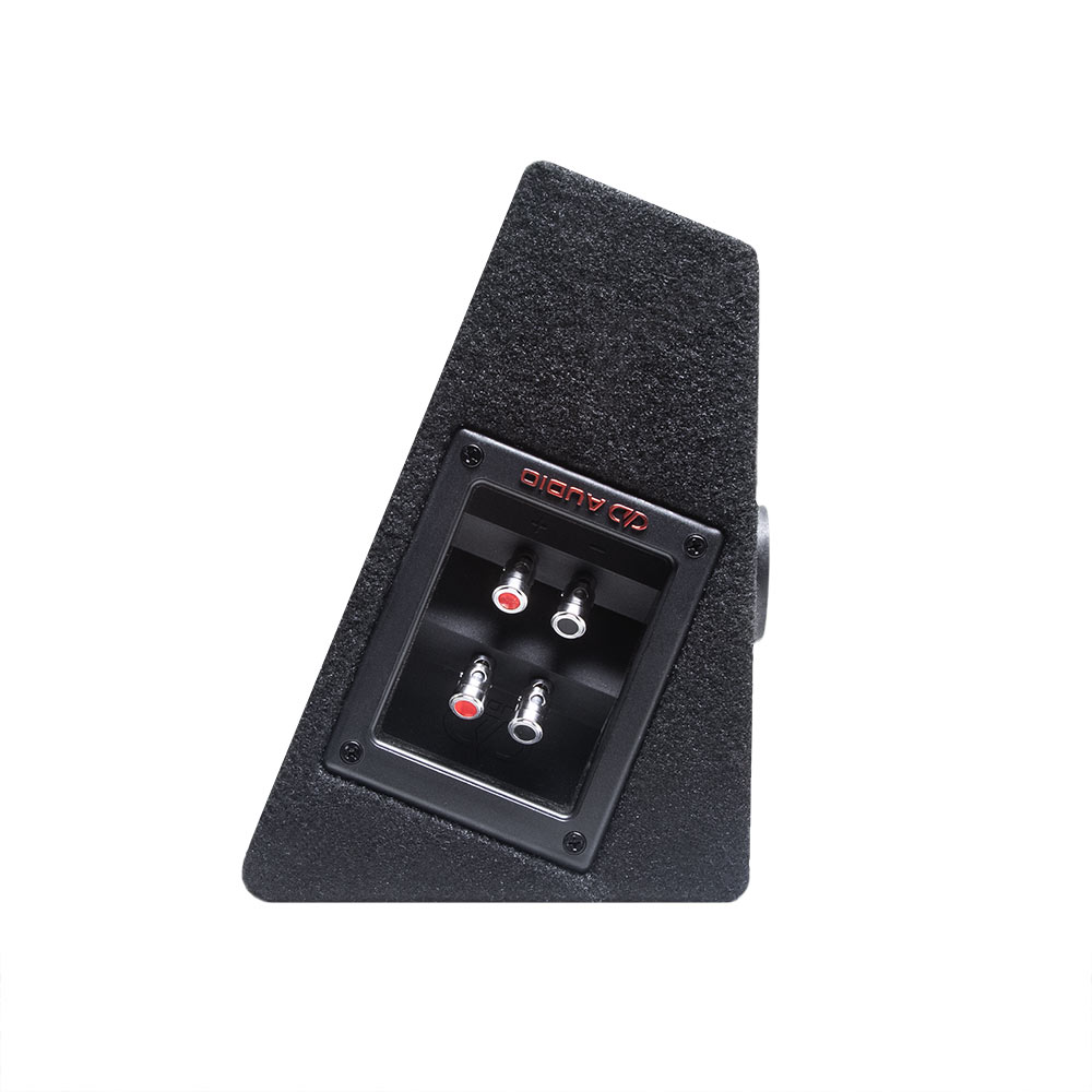 Photo of the plank shot from the side to show standard included terminal cup with push connectors. Cup has raised DD AUDIO logo and four screws