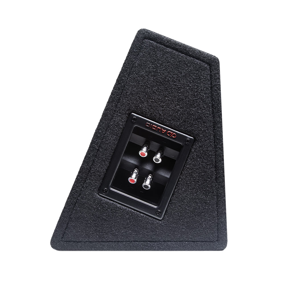 Photo of the plank shot from the side to show standard included terminal cup with push connectors. Cup has raised DD AUDIO logo and four screws