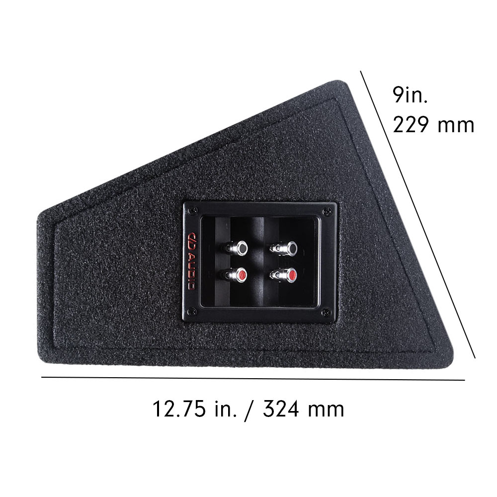 Photo of the plank shot from the side to show standard included terminal cup with push connectors. Cup has raised DD AUDIO logo and four screws - also included are dimension 9in (229mm) x 12.75in (324mm)