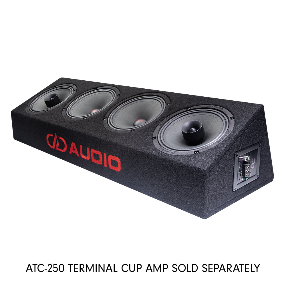 Photo of the plank facing front angled left to show DD AUDIO embroidery, two VO-MX208s and two VO-M208s (8 inch mids and coaxials) and ATC-250 active terminal cup (sold separately!)