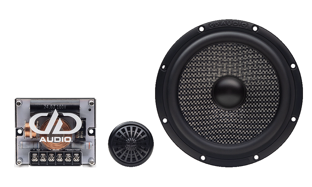 Photo of full C Series component set facing front, including the woofer, tweeter and optional crossover