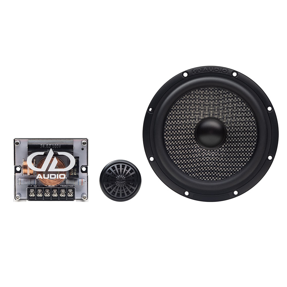 Photo of full C Series component set facing front, including the woofer, tweeter and optional crossover