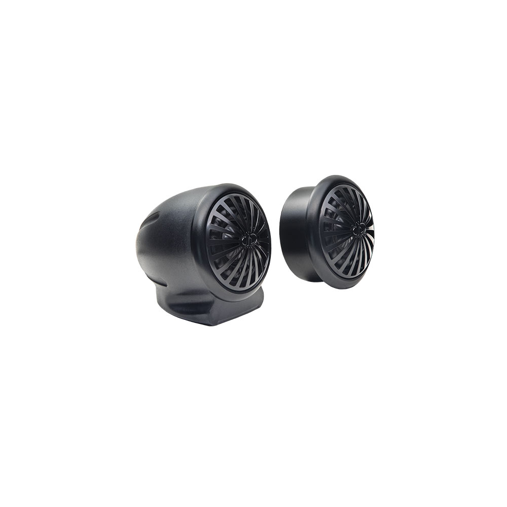 Photo of C Series 25mm tweeters - one in the included pod and one by itself, both angled to show grill and rear