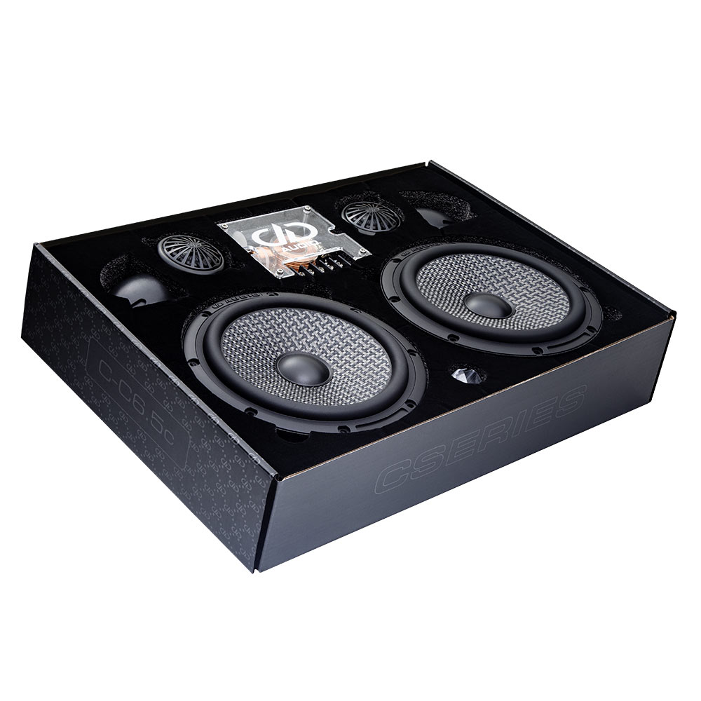Photo of full C Series component set in the ornate box angled slightly, including the woofer, tweeter, tweeter pods and optional crossover