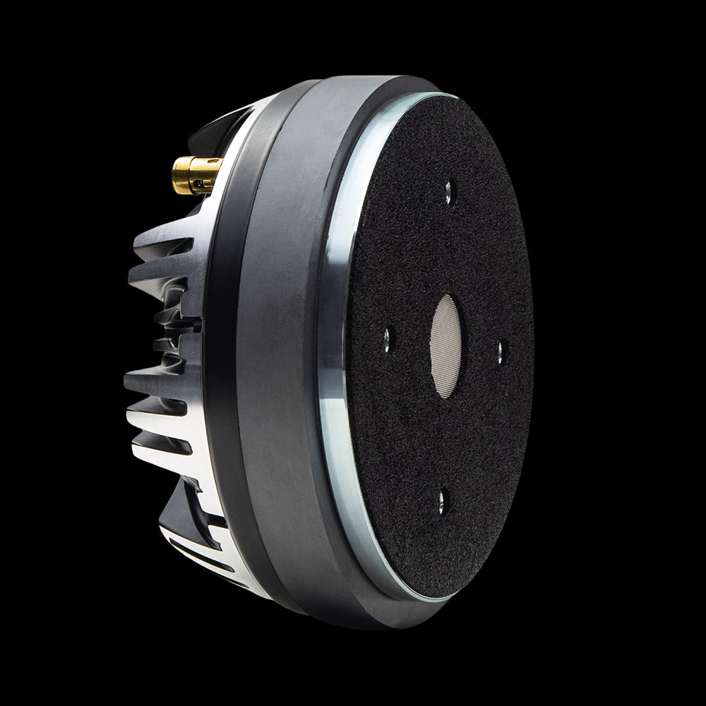 Photo of a VO-CT55 compression tweeter angled right to show throat, top plate, mounting holes for horn, motor, heatsink and connectors