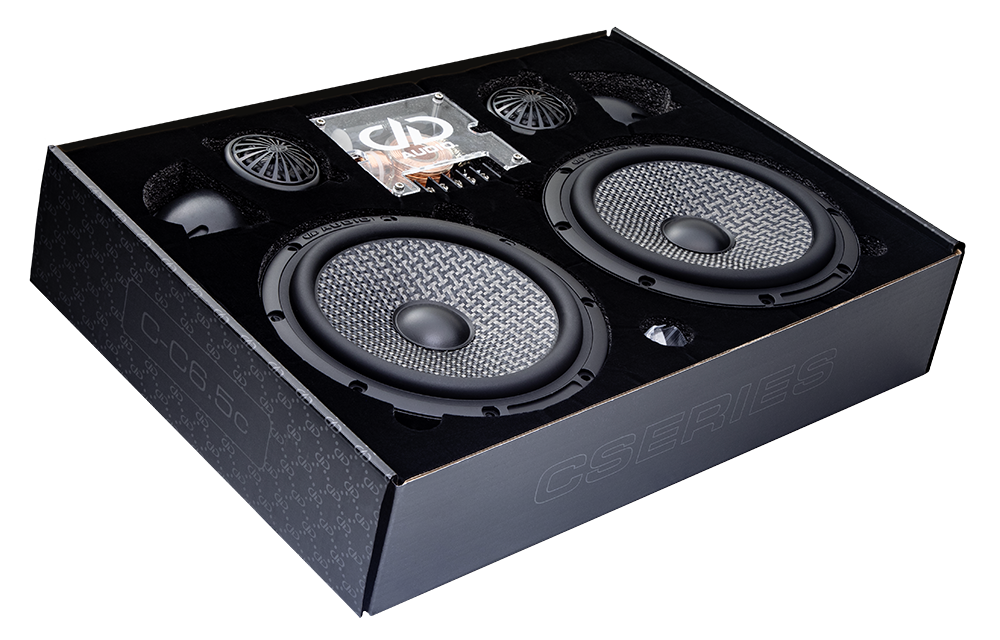 Photo of full C Series component set in the ornate box angled slightly, including the woofer, tweeter, tweeter pods and optional crossover