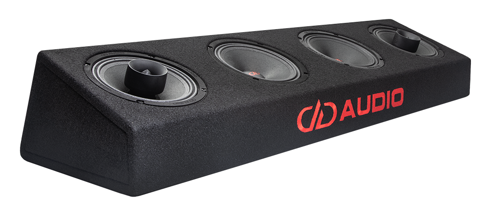 Photo of the plank facing front angled right to show DD AUDIO embroidery, two VO-MX206s and two VO-M206s (6 inch mids and coaxials)