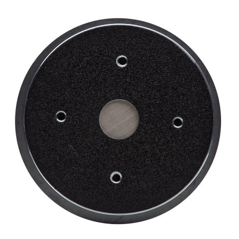 Photo of a VO-CT55 compression tweeter facing front to show throat, top plate, mounting holes for horn