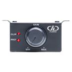 DRMT Remote front facing showing knob, clip light, "prot" protection light, min to max on bottom, gain label on top next to DD AUDIO Logo