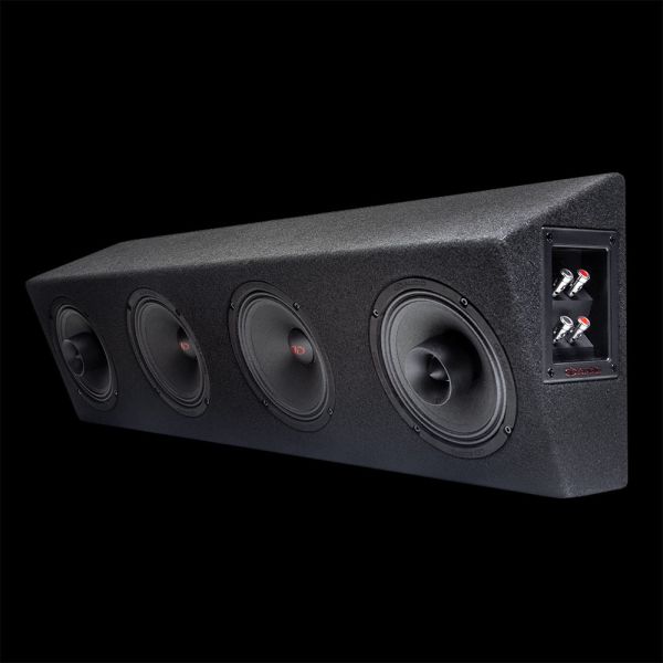 Photo of the plank facing front angled left shot top to bottom to show two VO-MX206s, two VO-M206s (6 inch mids and coaxials), and standard included terminal cup with push connectors