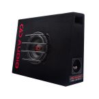 LE-ST06 Loaded Enclosure for tight spaces, angled left to show full front with DD AUDIO Embroidered logo and part of the side port and connectors