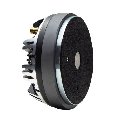 Photo of a VO-CT55 compression tweeter angled right to show throat, top plate, mounting holes for horn, motor, heatsink and connectors