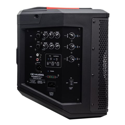 Photo of rager-wpa-3.1 Wireless Pro Audio speaker shot from side profile to show full the controls panel and demonstrate bottom positioning angle