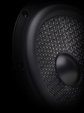 Stylized close-up of woofer cone surround, cone, and dustcap