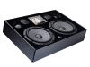 Photo of full C Series component set in the ornate box angled slightly, including the woofer, tweeter, tweeter pods and optional crossover