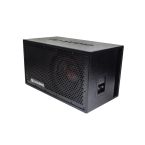 LE-C510.1 Photo angled to the left showing the full frame protective grill, the single 500 Series 10 inch subwoofer, the side firing port, and push connector panel