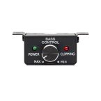 MRMT Remote front facing showing knob, clipping light, power light, min to max on bottom, bass control label on top