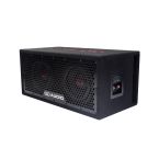 Photo of LE-508.2 Front Angled Left to show full hex grill, DD logo badge, embroidered top logo, terminal cup connectors, and the two 508e subwoofers