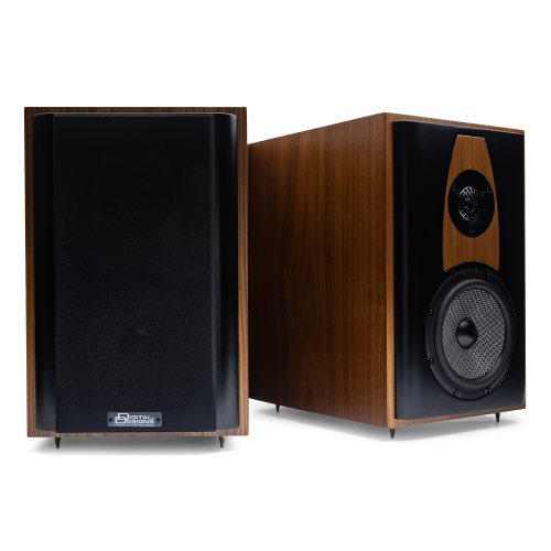 Photo of two LSS-161 - one facing front with magnetic cover in place, the other shot front angle right to show left side of cabinet, woofer, tweeter and baffle