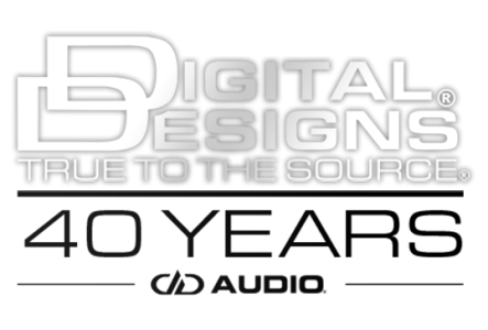 40 years of dd audio graphic with digital designs logo and true to the source tag line and 40 years under it followed by current dd audio logo