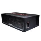 Photo of loaded 8 inch enclosure angled front to back tilted slightly to show subs, grill, logo on grill and logo on top of the enclosure, connection panel and port on side