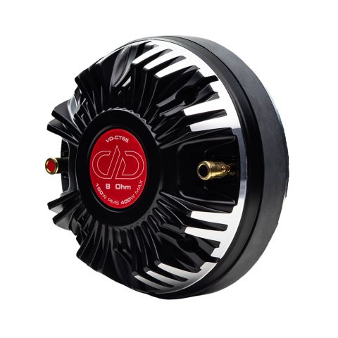 Photo of a VO-CT55 compression tweeter angled back to front to show motor, heatsink push connectors and backplate sticker which reads "VO-CT55" above the DD logo, "8 Ohm - 100W RMS and 400W Max" below the DD Logo